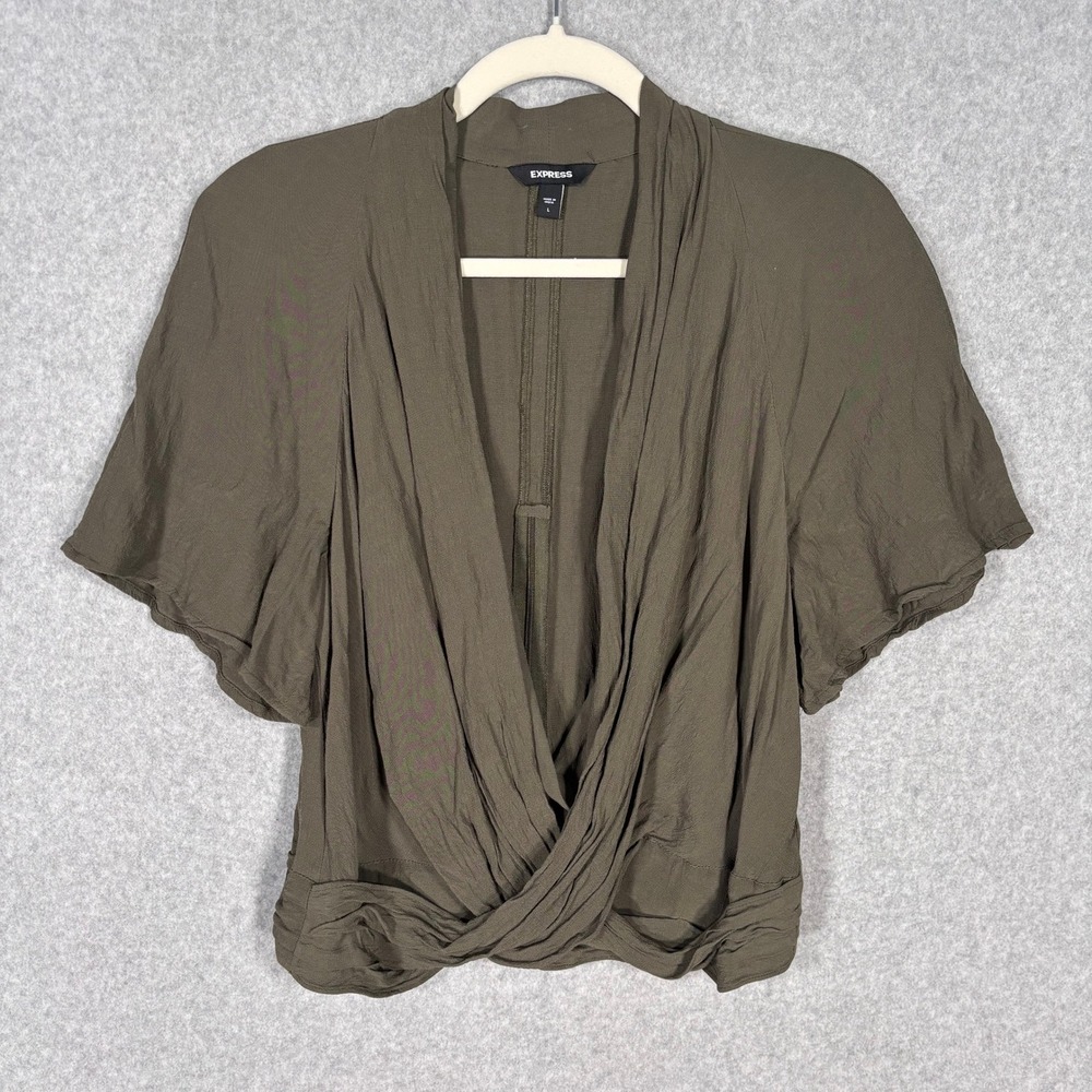 Express‎ Draped Wrap Blouse Large Olive Army Plunge Feminine Romantic